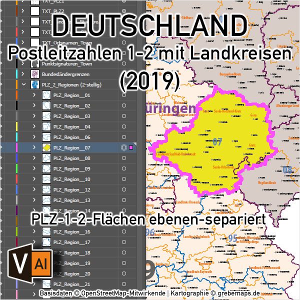 Postleitzahlen-Karte Deutschland PLZ-1-2 mit Landkreisen Bundesländern Orte Vektorkarte (2019),PLZ-Karte Deutschland 2-stellig mit Landkreisen, PLZ-Karte Vektor Deutschland, AI-Datei, editierbar, download, Karte Postleitzahlen Deutschland