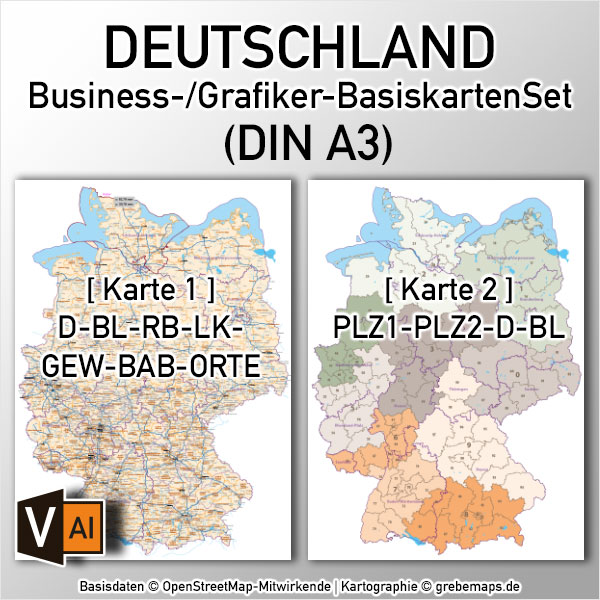 Business-/Grafiker-BasiskartenSet Deutschland Landkreise Autobahnen Orte Postleitzahlen PLZ-1-2 Vektorkarte DIN A3 (2019), Karte PLZ Deutschland 2-stellig, Vektor-Karte PLZ-2 Deutschland, Karte Landkreise Deutschland, AI-Datei, download, editierbar