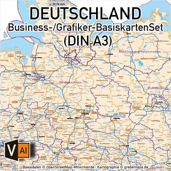 Business-/Grafiker-BasiskartenSet Deutschland Landkreise Autobahnen Orte Postleitzahlen PLZ-1-2 Vektorkarte DIN A3 (2019), Karte PLZ Deutschland 2-stellig, Vektor-Karte PLZ-2 Deutschland, Karte Landkreise Deutschland, AI-Datei, download, editierbar