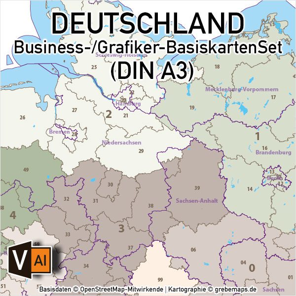 Business-/Grafiker-BasiskartenSet Deutschland Landkreise Autobahnen Orte Postleitzahlen PLZ-1-2 Vektorkarte DIN A3 (2019), Karte PLZ Deutschland 2-stellig, Vektor-Karte PLZ-2 Deutschland, Karte Landkreise Deutschland, AI-Datei, download, editierbar