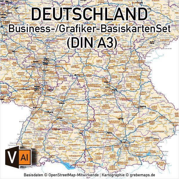 Business-/Grafiker-BasiskartenSet Deutschland Landkreise Autobahnen Orte Postleitzahlen PLZ-1-2 Vektorkarte DIN A3 (2019), Karte PLZ Deutschland 2-stellig, Vektor-Karte PLZ-2 Deutschland, Karte Landkreise Deutschland, AI-Datei, download, editierbar