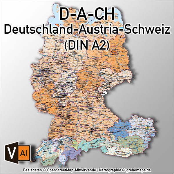 Deutschland Austria-Österreich Schweiz D-A-CH Vektorkarte DIN A2 mit Autobahnen Orten (2019), Karte Deutschland Österreich Schweiz, Vektorkarte Deutschland Österreich Schweiz, Karte Vektor AI Deutschland Österreich Schweiz, AI-Datei, download, editierbar, Karte D-A-CH, Vektorkarte D-A-CH, Karte Deutschland Landkreise, Karte D-A-CH Bundesländer Kantone