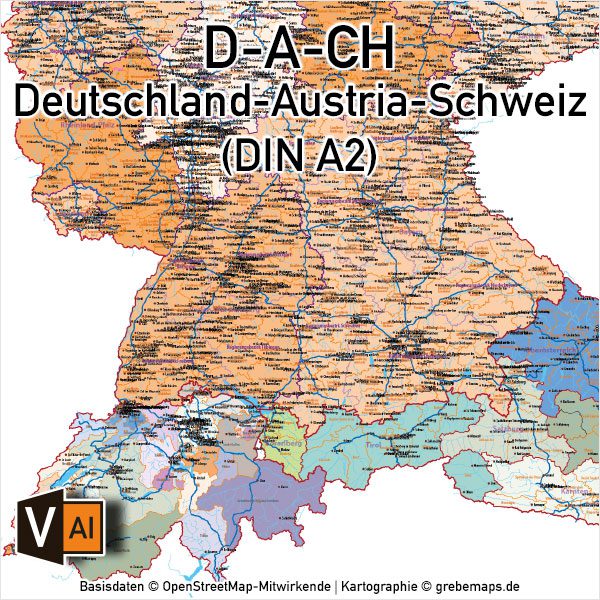 Deutschland Austria-Österreich Schweiz D-A-CH Vektorkarte DIN A2 mit Autobahnen Orten (2019), Karte Deutschland Österreich Schweiz, Vektorkarte Deutschland Österreich Schweiz, Karte Vektor AI Deutschland Österreich Schweiz, AI-Datei, download, editierbar, Karte D-A-CH, Vektorkarte D-A-CH, Karte Deutschland Landkreise, Karte D-A-CH Bundesländer Kantone