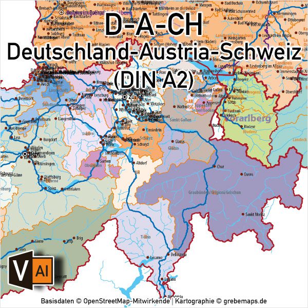 Deutschland Austria-Österreich Schweiz D-A-CH Vektorkarte DIN A2 mit Autobahnen Orten (2019), Karte Deutschland Österreich Schweiz, Vektorkarte Deutschland Österreich Schweiz, Karte Vektor AI Deutschland Österreich Schweiz, AI-Datei, download, editierbar, Karte D-A-CH, Vektorkarte D-A-CH, Karte Deutschland Landkreise, Karte D-A-CH Bundesländer Kantone