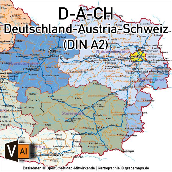 Deutschland Austria-Österreich Schweiz D-A-CH Vektorkarte DIN A2 mit Autobahnen Orten (2019), Karte Deutschland Österreich Schweiz, Vektorkarte Deutschland Österreich Schweiz, Karte Vektor AI Deutschland Österreich Schweiz, AI-Datei, download, editierbar, Karte D-A-CH, Vektorkarte D-A-CH, Karte Deutschland Landkreise, Karte D-A-CH Bundesländer Kantone