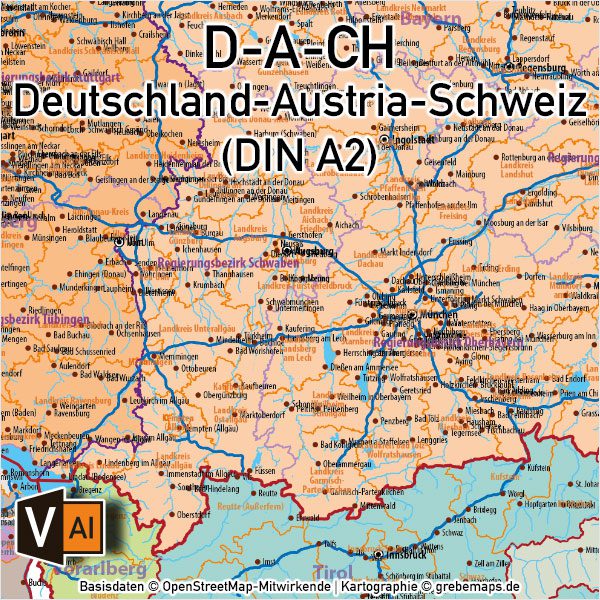 Deutschland Austria-Österreich Schweiz D-A-CH Vektorkarte DIN A2 mit Autobahnen Orten (2019), Karte Deutschland Österreich Schweiz, Vektorkarte Deutschland Österreich Schweiz, Karte Vektor AI Deutschland Österreich Schweiz, AI-Datei, download, editierbar, Karte D-A-CH, Vektorkarte D-A-CH, Karte Deutschland Landkreise, Karte D-A-CH Bundesländer Kantone