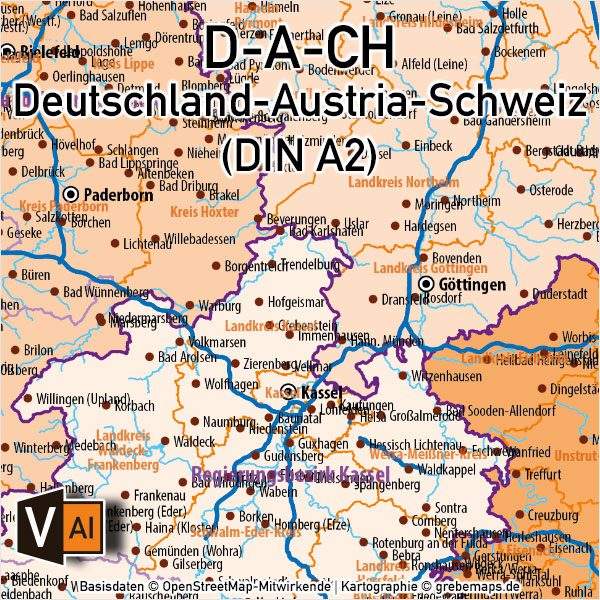 Deutschland Austria-Österreich Schweiz D-A-CH Vektorkarte DIN A2 mit Autobahnen Orten (2019), Karte Deutschland Österreich Schweiz, Vektorkarte Deutschland Österreich Schweiz, Karte Vektor AI Deutschland Österreich Schweiz, AI-Datei, download, editierbar, Karte D-A-CH, Vektorkarte D-A-CH, Karte Deutschland Landkreise, Karte D-A-CH Bundesländer Kantone