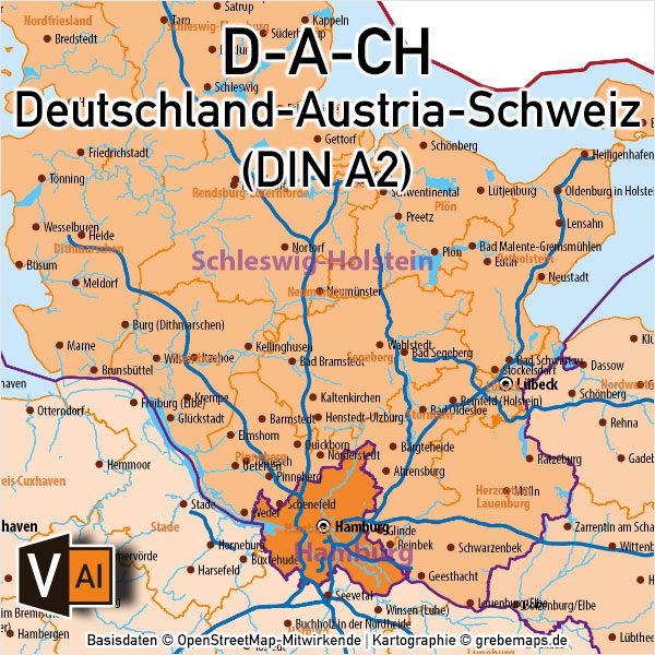 Deutschland Austria-Österreich Schweiz D-A-CH Vektorkarte DIN A2 mit Autobahnen Orten (2019), Karte Deutschland Österreich Schweiz, Vektorkarte Deutschland Österreich Schweiz, Karte Vektor AI Deutschland Österreich Schweiz, AI-Datei, download, editierbar, Karte D-A-CH, Vektorkarte D-A-CH, Karte Deutschland Landkreise, Karte D-A-CH Bundesländer Kantone