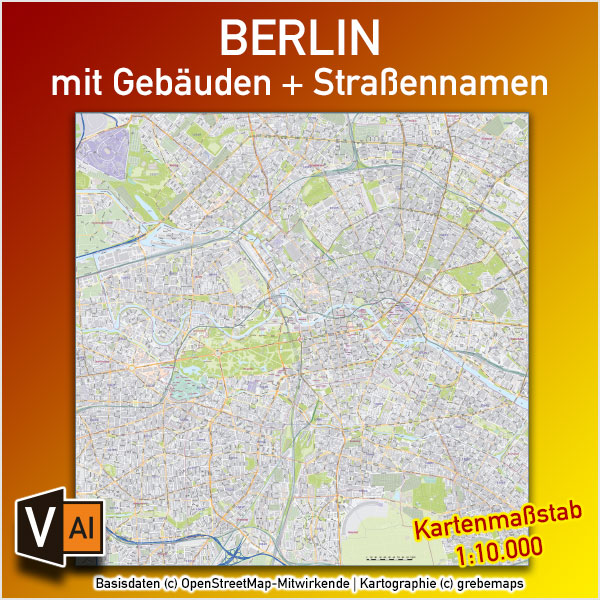 Berlin Stadtplan Gebäude Strassennamen Vektorkarte, Karte Berlin Vektor, Stadtplan Berlin Straßen, Vektorkarte Stadtplan Berlin Gebäude, Vektorkarte Berlin, Berlin Stadtplan editierbar, AI-Datei, Illustrator Karte Berlin