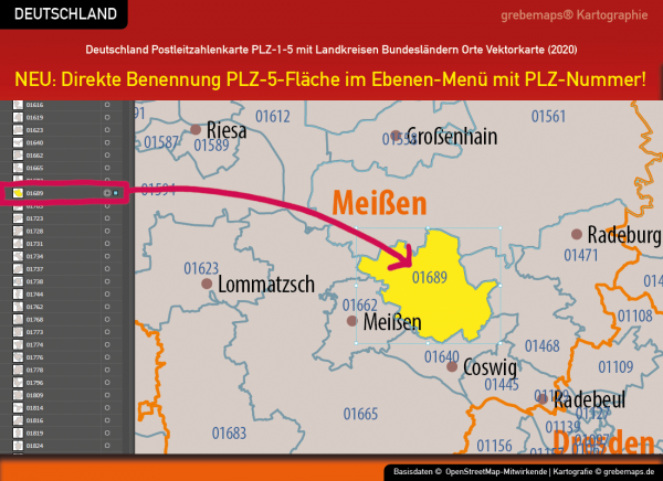 Deutschland Postleitzahlenkarte PLZ-1-5 mit Landkreisen Bundesländern Ortsnamen Vektorkarte (2020), Karte PLZ 5-stellig Deutschland, Vektorkarte PLZ Deutschland, Karte Vektor Deutschland PLZ, AI, Datei, download, editierbar, bearbeitbar