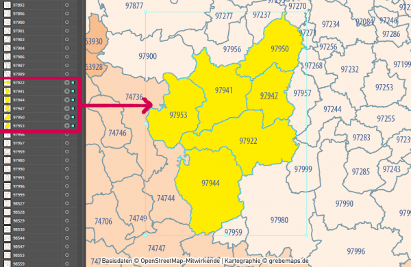 Deutschland Postleitzahlenkarte PLZ-1-5 mit Landkreisen Bundesländern Ortsnamen Vektorkarte (2020), Karte PLZ 5-stellig Deutschland, Vektorkarte PLZ Deutschland, Karte Vektor Deutschland PLZ, AI, Datei, download, editierbar, bearbeitbar