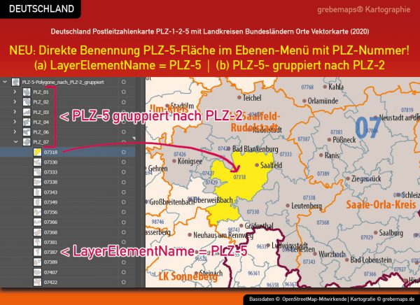 Deutschland Postleitzahlenkarte PLZ-1-2-5 mit Landkreisen Bundesländern Ortsnamen Vektorkarte (2020), Karte PLZ Deutschland, PLZ-Karte Deutschland Vektor, PLZ-5 Karte Deutschland, editierbar, AI, Download