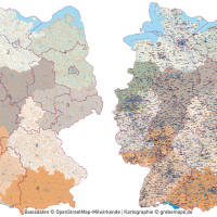 Deutschland Postleitzahlenkarte PLZ-1-2-5 mit Landkreisen Bundesländern Ortsnamen Vektorkarte (2020), Karte PLZ Deutschland, PLZ-Karte Deutschland Vektor, PLZ-5 Karte Deutschland, editierbar, AI, Download