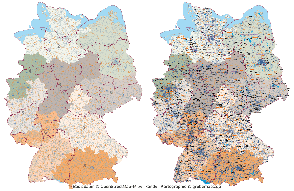 Deutschland Postleitzahlenkarte PLZ-1-2-5 mit Landkreisen Bundesländern Ortsnamen Vektorkarte (2020), Karte PLZ Deutschland, PLZ-Karte Deutschland Vektor, PLZ-5 Karte Deutschland, editierbar, AI, Download
