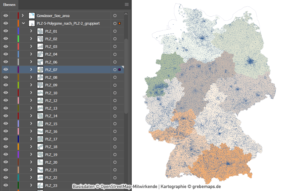 Deutschland Postleitzahlenkarte PLZ-1-2-5 mit Landkreisen Bundesländern Ortsnamen Vektorkarte (2020), Karte PLZ Deutschland, PLZ-Karte Deutschland Vektor, PLZ-5 Karte Deutschland, editierbar, AI, Download