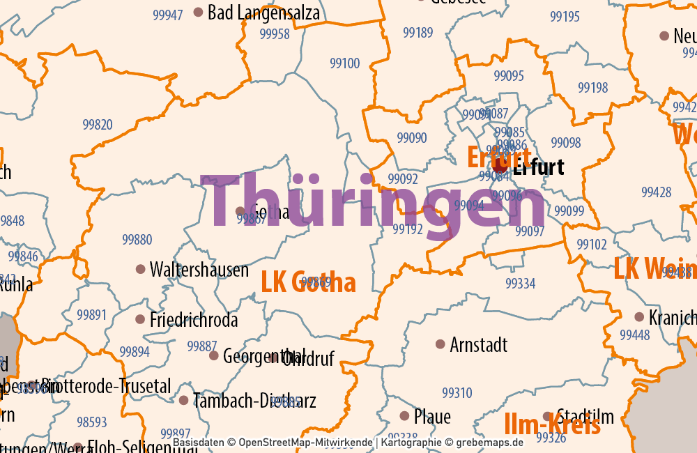 Deutschland Postleitzahlenkarte PLZ-1-2-5 mit Landkreisen Bundesländern Ortsnamen Vektorkarte (2020), Karte PLZ Deutschland, PLZ-Karte Deutschland Vektor, PLZ-5 Karte Deutschland, editierbar, AI, Download