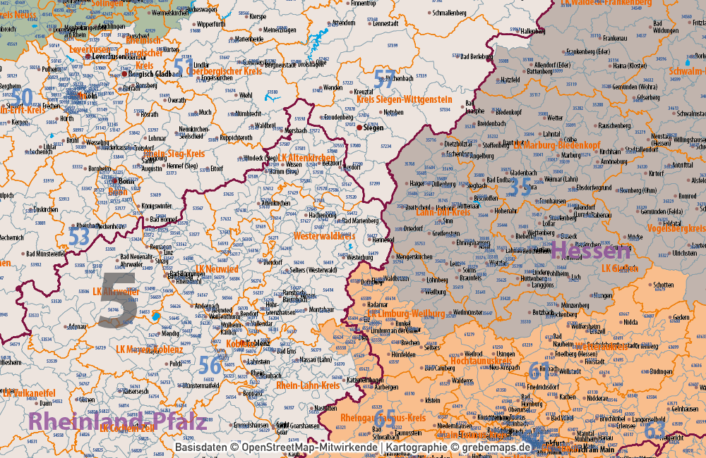 Deutschland Postleitzahlenkarte PLZ-1-2-5 mit Landkreisen Bundesländern Ortsnamen Vektorkarte (2020), Karte PLZ Deutschland, PLZ-Karte Deutschland Vektor, PLZ-5 Karte Deutschland, editierbar, AI, Download