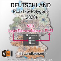 Deutschland Postleitzahlenkarte PLZ-1-5 mit Landkreisen Bundesländern Ortsnamen Vektorkarte (2020), Karte PLZ 5-stellig Deutschland, Vektorkarte PLZ Deutschland, Karte Vektor Deutschland PLZ, AI, Datei, download, editierbar, bearbeitbar