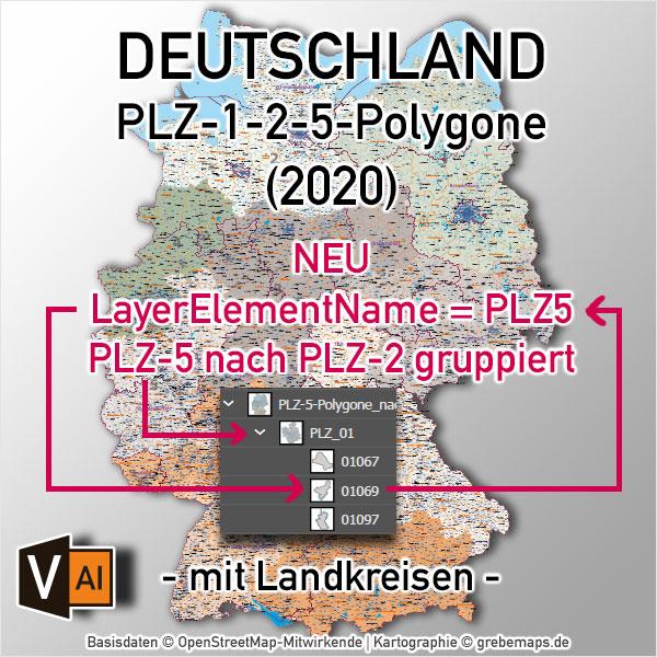 Deutschland Postleitzahlenkarte PLZ-1-2-5 mit Landkreisen Bundesländern Ortsnamen Vektorkarte (2020), Karte PLZ Deutschland, PLZ-Karte Deutschland Vektor, PLZ-5 Karte Deutschland, editierbar, AI, Download