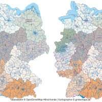 Deutschland Postleitzahlenkarte PLZ-1-2-3 mit Landkreisen Bundesländern Autobahnen Orten Vektorkarte, PLZ-3-Karte Deutschland, Karte PLZ-3 3-stellig Deutschland, AI, download, editierbar, Vektorgrafik