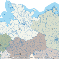 Deutschland Postleitzahlenkarte PLZ-1-2-3 mit Landkreisen Bundesländern Autobahnen Orten Vektorkarte, PLZ-3-Karte Deutschland, Karte PLZ-3 3-stellig Deutschland, AI, download, editierbar, Vektorgrafik