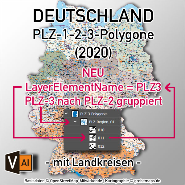 Deutschland Postleitzahlenkarte PLZ-1-2-3 mit Landkreisen Bundesländern Autobahnen Orten Vektorkarte, PLZ-3-Karte Deutschland, Karte PLZ-3 3-stellig Deutschland, AI, download, editierbar, Vektorgrafik