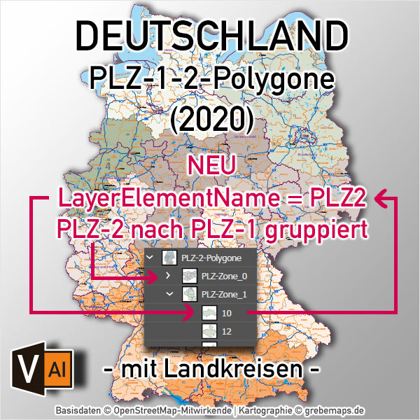 Deutschland Postleitzahlenkarte PLZ-1-2 mit Landkreisen Bundesländern Autobahnen Orte Vektorkarte, PLZ-2-Karte Deutschland, Karte PLZ-2 Deutschland Vektor, AI, download, editierbar, Karte Vektor Deutschland PLZ