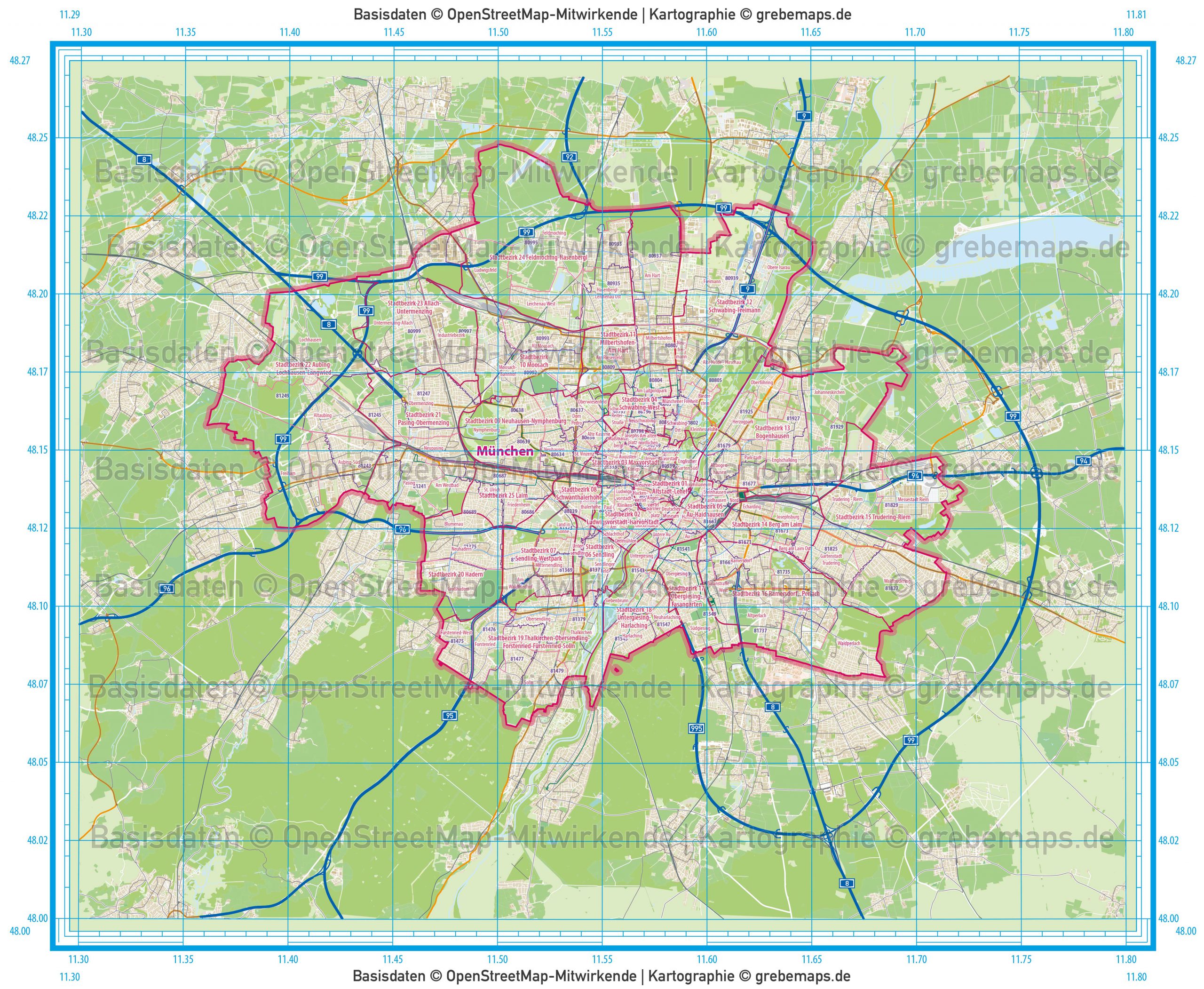 München Stadtplan mit Stadtbezirken Stadtteilen Postleitzahlen PLZ-5 Gebäuden Vektorkarte, Karte München Stadtbezirke, Karte München Stadtteile, Karte München Postleitzahlen, Karte PLZ München, AI, download, editierbar, ebenen-separiert, Vektorkarte München, Stadtplan München Vektor, PLZ-Karte München