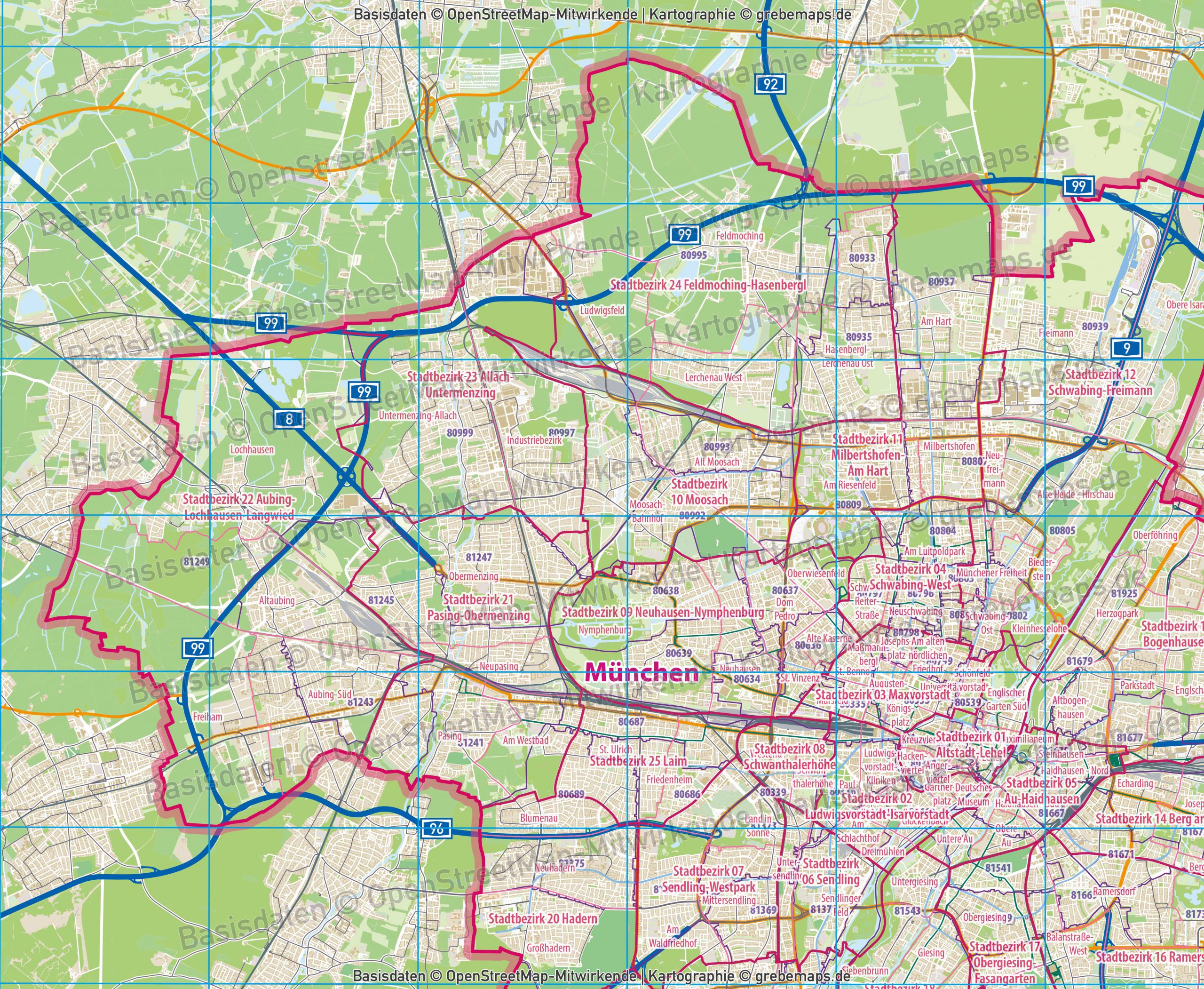 München Stadtplan mit Stadtbezirken Stadtteilen Postleitzahlen PLZ-5 Gebäuden Vektorkarte, Karte München Stadtbezirke, Karte München Stadtteile, Karte München Postleitzahlen, Karte PLZ München, AI, download, editierbar, ebenen-separiert, Vektorkarte München, Stadtplan München Vektor, PLZ-Karte München