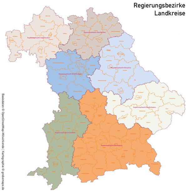 Bayern Vektorkarte Gemeinden Landkreise Postleitzahlen PLZ-5 Regierungsbezirke Autobahnen, Karte Bayern Gemeinden, Gemeindekarte Bayern, Karte Bayern Landkreise, Karte Bayern Postleitzahlen, PLZ-Karte Bayern, PLZ-5-Karte Bayern, AI, download, editierbar