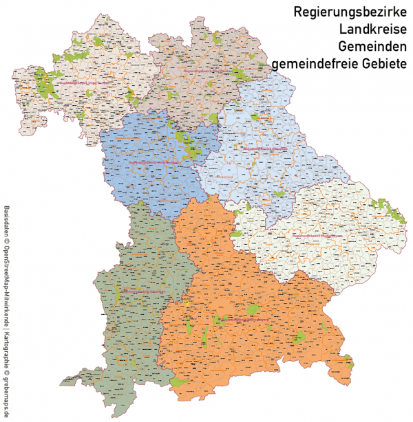 Bayern Vektorkarte Gemeinden Landkreise Postleitzahlen PLZ-5 Regierungsbezirke Autobahnen, Karte Bayern Gemeinden, Gemeindekarte Bayern, Karte Bayern Landkreise, Karte Bayern Postleitzahlen, PLZ-Karte Bayern, PLZ-5-Karte Bayern, AI, download, editierbar