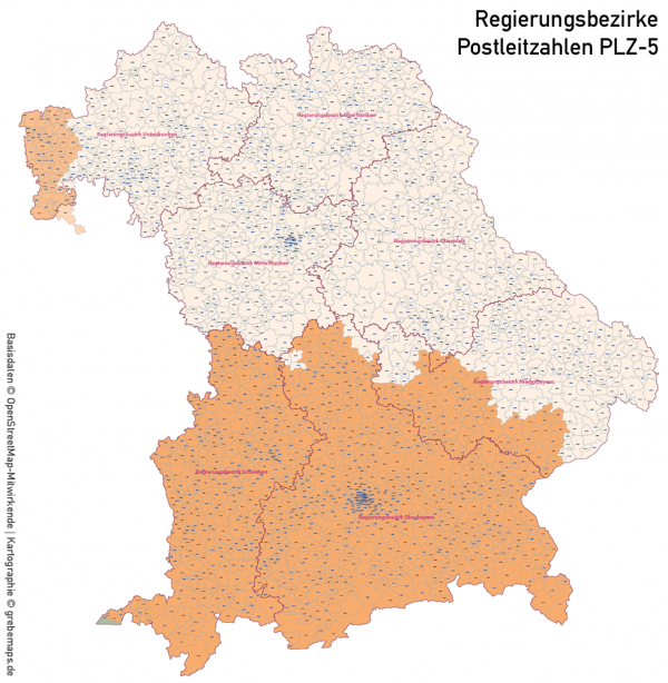 Bayern Vektorkarte Gemeinden Landkreise Postleitzahlen PLZ-5 Regierungsbezirke Autobahnen, Karte Bayern Gemeinden, Gemeindekarte Bayern, Karte Bayern Landkreise, Karte Bayern Postleitzahlen, PLZ-Karte Bayern, PLZ-5-Karte Bayern, AI, download, editierbar