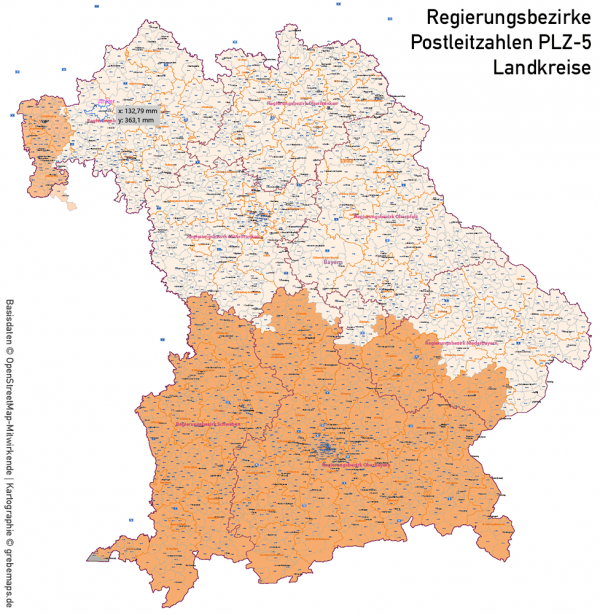 Bayern Vektorkarte Gemeinden Landkreise Postleitzahlen PLZ-5 Regierungsbezirke Autobahnen, Karte Bayern Gemeinden, Gemeindekarte Bayern, Karte Bayern Landkreise, Karte Bayern Postleitzahlen, PLZ-Karte Bayern, PLZ-5-Karte Bayern, AI, download, editierbar