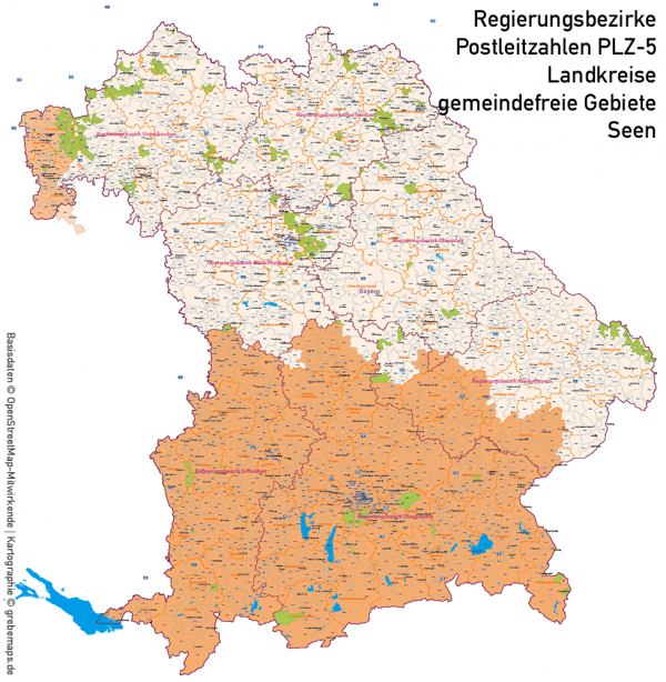 Bayern Vektorkarte Gemeinden Landkreise Postleitzahlen PLZ-5 Regierungsbezirke Autobahnen, Karte Bayern Gemeinden, Gemeindekarte Bayern, Karte Bayern Landkreise, Karte Bayern Postleitzahlen, PLZ-Karte Bayern, PLZ-5-Karte Bayern, AI, download, editierbar