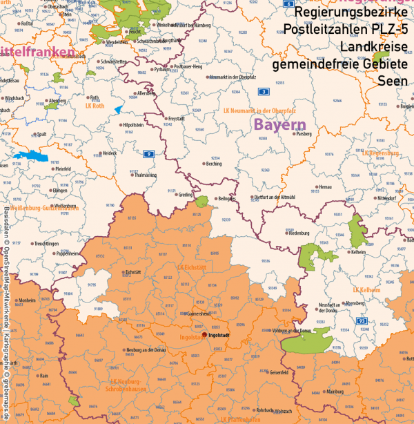 Bayern Vektorkarte Gemeinden Landkreise Postleitzahlen PLZ-5 Regierungsbezirke Autobahnen, Karte Bayern Gemeinden, Gemeindekarte Bayern, Karte Bayern Landkreise, Karte Bayern Postleitzahlen, PLZ-Karte Bayern, PLZ-5-Karte Bayern, AI, download, editierbar