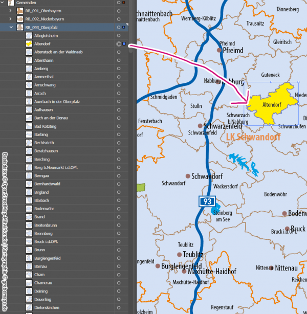 Bayern Vektorkarte Gemeinden Landkreise Postleitzahlen PLZ-5 Regierungsbezirke Autobahnen, Karte Bayern Gemeinden, Gemeindekarte Bayern, Karte Bayern Landkreise, Karte Bayern Postleitzahlen, PLZ-Karte Bayern, PLZ-5-Karte Bayern, AI, download, editierbar