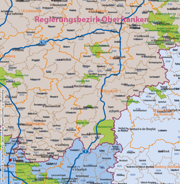 Bayern Vektorkarte Gemeinden Landkreise Postleitzahlen PLZ-5 Regierungsbezirke Autobahnen, Karte Bayern Gemeinden, Gemeindekarte Bayern, Karte Bayern Landkreise, Karte Bayern Postleitzahlen, PLZ-Karte Bayern, PLZ-5-Karte Bayern, AI, download, editierbar