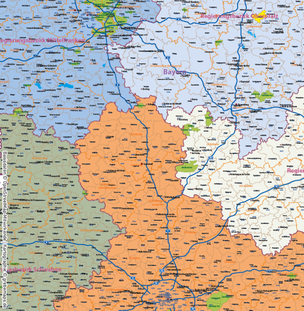 Bayern Vektorkarte Gemeinden Landkreise Postleitzahlen PLZ-5 Regierungsbezirke Autobahnen, Karte Bayern Gemeinden, Gemeindekarte Bayern, Karte Bayern Landkreise, Karte Bayern Postleitzahlen, PLZ-Karte Bayern, PLZ-5-Karte Bayern, AI, download, editierbar