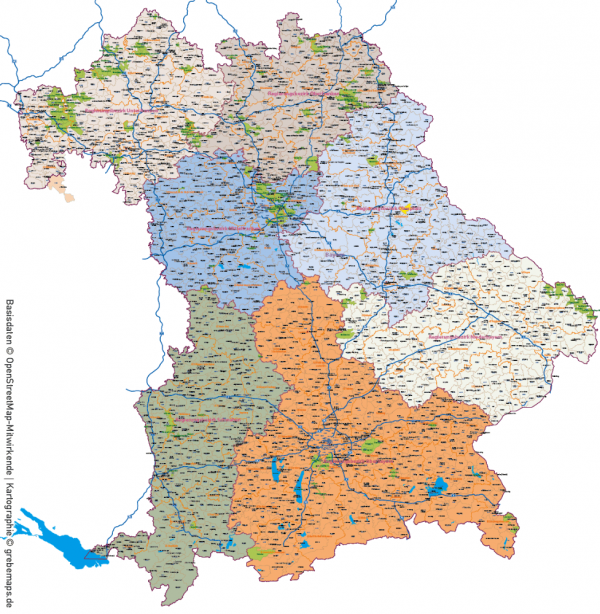 Bayern Vektorkarte Gemeinden Landkreise Postleitzahlen PLZ-5 Regierungsbezirke Autobahnen, Karte Bayern Gemeinden, Gemeindekarte Bayern, Karte Bayern Landkreise, Karte Bayern Postleitzahlen, PLZ-Karte Bayern, PLZ-5-Karte Bayern, AI, download, editierbar