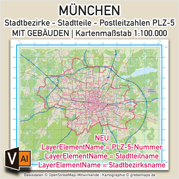 München Stadtplan mit Stadtbezirken Stadtteilen Postleitzahlen PLZ-5 Gebäuden Vektorkarte, Karte München Stadtbezirke, Karte München Stadtteile, Karte München Postleitzahlen, Karte PLZ München, AI, download, editierbar, ebenen-separiert, Vektorkarte München, Stadtplan München Vektor, PLZ-Karte München