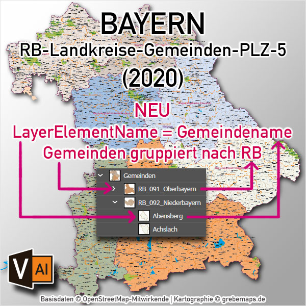 Bayern Vektorkarte Gemeinden Landkreise Postleitzahlen PLZ-5 Regierungsbezirke Autobahnen, Karte Bayern Gemeinden, Gemeindekarte Bayern, Karte Bayern Landkreise, Karte Bayern Postleitzahlen, PLZ-Karte Bayern, PLZ-5-Karte Bayern, AI, download, editierbar