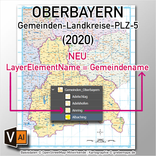 Oberbayern Vektorkarte Gemeinden Landkreise Postleitzahlen PLZ-5 Autobahnen, Karte Oberbayern Gemeinden, Karte Oberbayern Postleitzahlen, PLZ-5 Karte Oberbayern, PLZ-Karte Oberbayern, Karte Oberbayern Vektor, Karte Oberbayern administrativ, Vektorkarte Oberbayern Gemeinden, AI, download, editierbar, ebenen-separiert