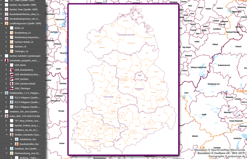 Ostdeutschland Vektorkarte Landkreise Gemeinden Postleitzahlen PLZ-5