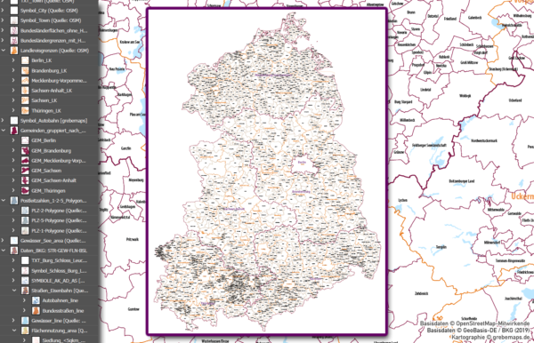 Ostdeutschland Vektorkarte Landkreise Gemeinden Postleitzahlen PLZ-5 Bundesländer, Karte Brandenburg Gemeinden, Karte Thüringen PLZ, Karte Sachsen Gemeinden, Karte Mecklenburg-Vorpommern Postleitzahlen, Karte Sachsen-Anhalt Landkreise, AI, download, editierbar, ebenen-separiert