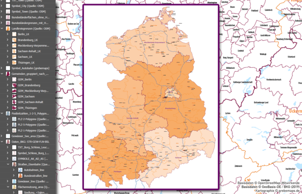 Ostdeutschland Vektorkarte Landkreise Gemeinden Postleitzahlen PLZ-5 Bundesländer, Karte Brandenburg Gemeinden, Karte Thüringen PLZ, Karte Sachsen Gemeinden, Karte Mecklenburg-Vorpommern Postleitzahlen, Karte Sachsen-Anhalt Landkreise, AI, download, editierbar, ebenen-separiert