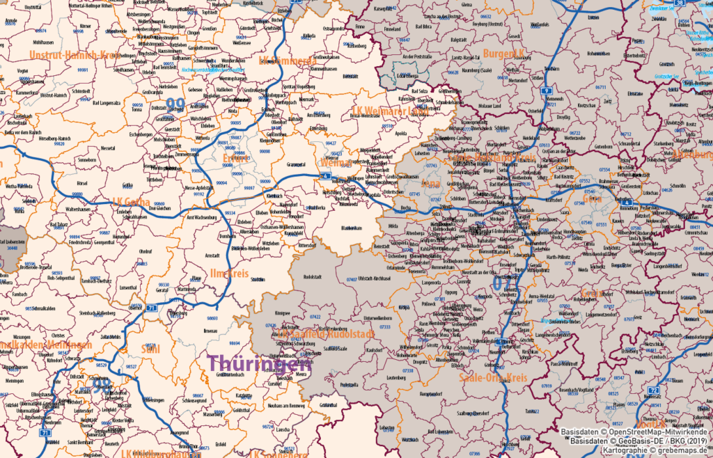 Ostdeutschland Vektorkarte Landkreise Gemeinden Postleitzahlen PLZ-5