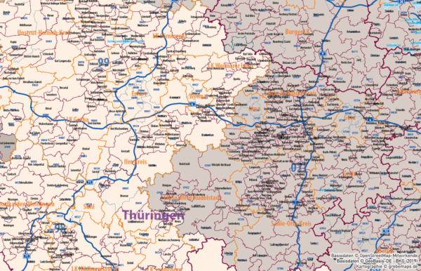 Ostdeutschland Vektorkarte Landkreise Gemeinden Postleitzahlen PLZ-5 Bundesländer, Karte Brandenburg Gemeinden, Karte Thüringen PLZ, Karte Sachsen Gemeinden, Karte Mecklenburg-Vorpommern Postleitzahlen, Karte Sachsen-Anhalt Landkreise, AI, download, editierbar, ebenen-separiert