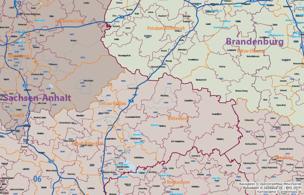 Ostdeutschland Vektorkarte Landkreise Gemeinden Postleitzahlen PLZ-5