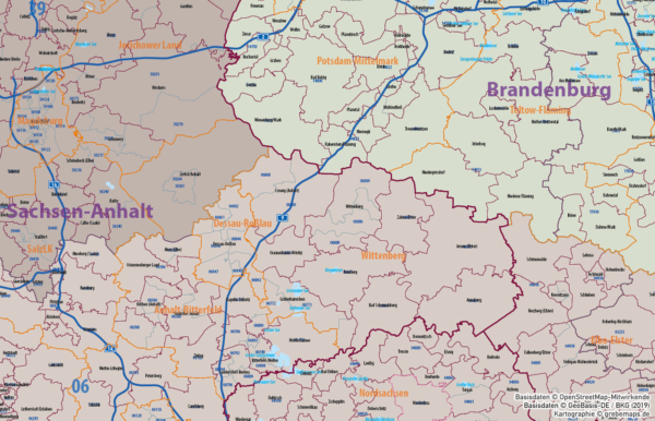 Ostdeutschland Vektorkarte Landkreise Gemeinden Postleitzahlen PLZ-5 Bundesländer, Karte Brandenburg Gemeinden, Karte Thüringen PLZ, Karte Sachsen Gemeinden, Karte Mecklenburg-Vorpommern Postleitzahlen, Karte Sachsen-Anhalt Landkreise, AI, download, editierbar, ebenen-separiert