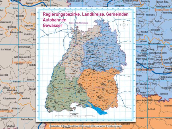 Baden-Württemberg Vektorkarte Regierungsbezirke Landkreise Gemeinden Postleitzahlen PLZ-5, Landkarte Baden-Württemberg, Karte Baden-Württemberg PLZ, Karte Baden-Württemberg Gemeinden, Vektorkarte Baden-Württemberg Postleitzahlen, Karte PLZ 5-stellig Baden-Württemberg, download, AI, editierbar, ebenen-separiert